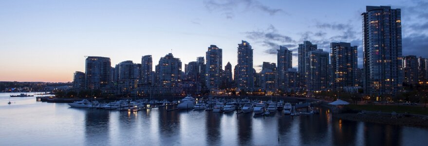 Vancouver BC Canada City Skyline Reflection at Blue Hour Panorama photo