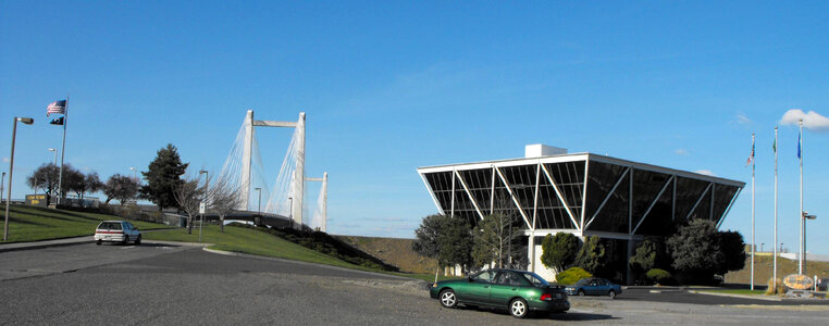 Cable Bridge, Lampson Corporate headquarters, and Tri-Cities Vietnam Memorial in Kennewick, Washington photo