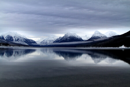 Mountains, sky, and lake landscape in Glacier National Park, Montana photo