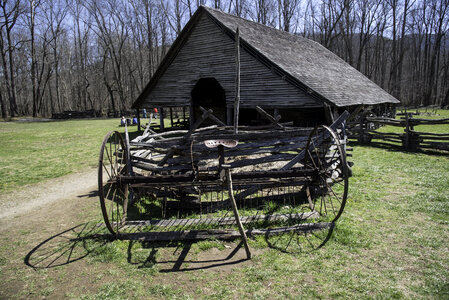 Log House with cart in front at Great Smoky Mountains National Park, North Carolina