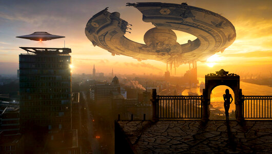 Alien Spaceship hovering over the city photo