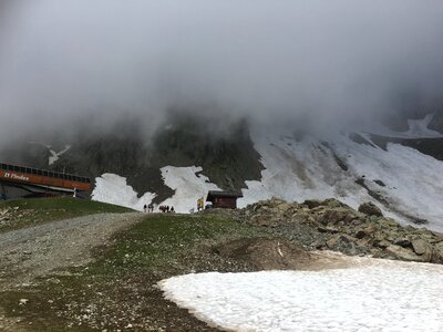 Mountain trail looking towards Mont Blanc mountain range photo