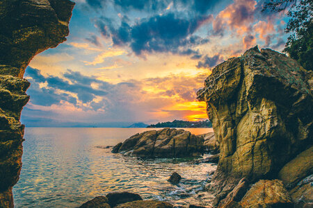 Sea and Rock at the Sunset photo