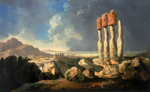 Painting of the monuments on Easter Island, Chile