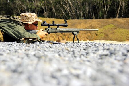 A. Biggs prepares to fire the M24 sniper weapon system photo