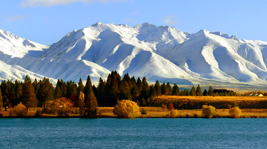 Snow Capped Peaks and Mountains landscape in New Zealand photo