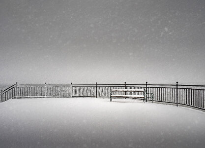 Empty Bench Falling Snow at Winter photo