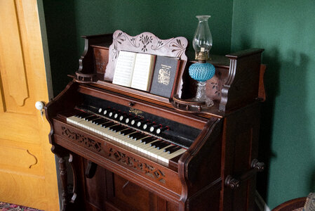 Piano with music sheets on stand photo