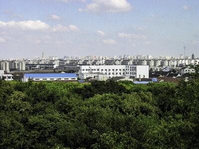 Skyline of Suzhou from a park, China