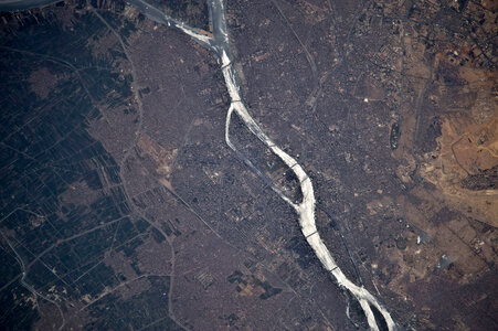 Aerial view of the Nile flowing through Cairo, Egypt