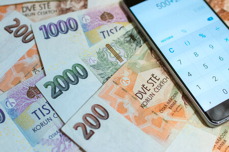 Czech money. Czech crown. Calculating Finance on a Calculator of Smartphone photo