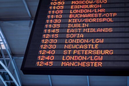 Flights information board in airport photo