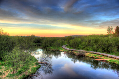 Sunset over the river boardwalk in the Upper Peninsula, Michigan photo