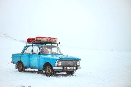 Old Blue Car Snow photo