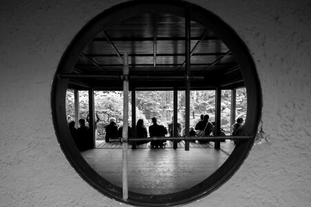 People through a circle at the Japanese Gardens, The Hague, Netherlands photo