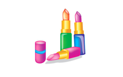 Set of pink lipsticks isolated on white reflective background photo