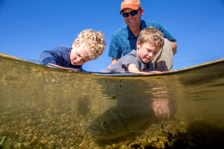 Father fishes with boys photo