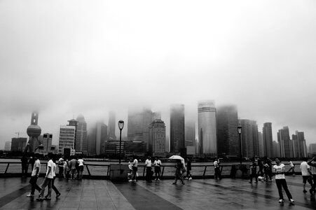 Fog tall buildings modern architecture photo