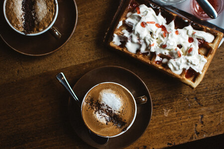 Two coffee cappuccino and waffle photo