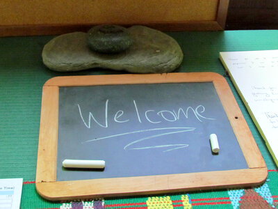 Chalkboard with welcome written on it photo