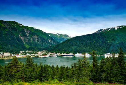Mountain landscape and the town of Juneau in Alaska photo