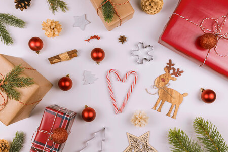 Christmas composition. Christmas gifts and decorations on white background. photo