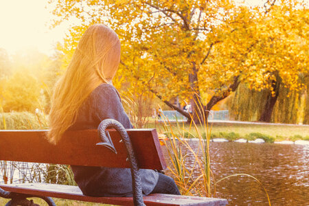Back view of lonely young brunette woman sitting on a bench in the park photo
