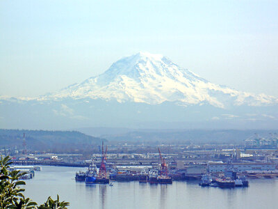 View from Brown's Point of Mt. Rainier and the Port of Tacoma, Washington photo