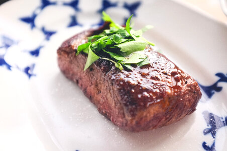 Beef steak with herb and salt close up photo