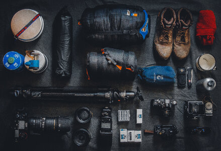 Top View of Equipment for Photographer Adventure Expedition photo