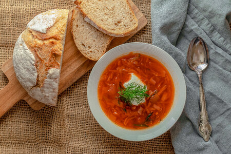 Beet root soup Borscht with bread photo