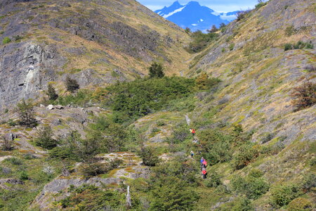 Hikers in Torres del paines NP landscape, Chili photo