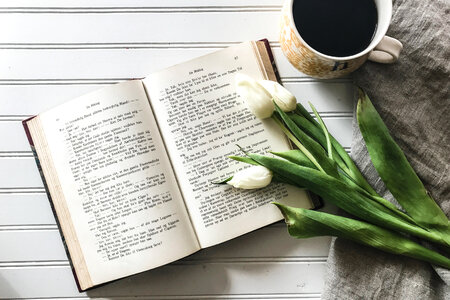 Coffee, Flowers and Open Book photo