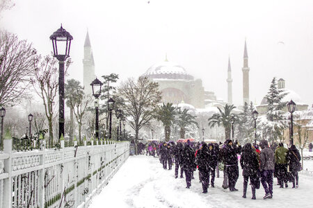 Crowds outside the Blue Mosque in Istanbul, Turkey photo