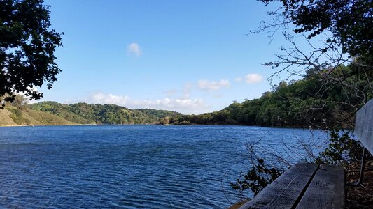 Bench calm lake photo