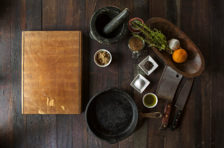 Cutting Board, Pan, Mortar and Spices - Cuisine Flatlay photo