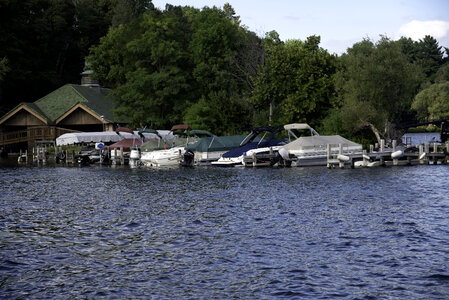 Boats parked on the dock in Green Lake