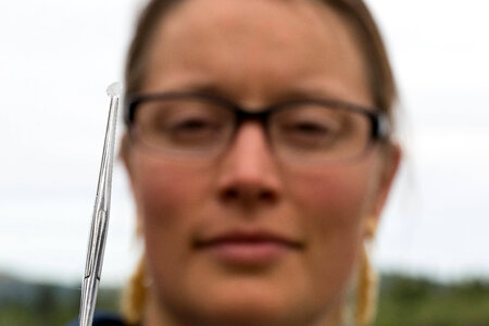 Biologist holds salmon scale