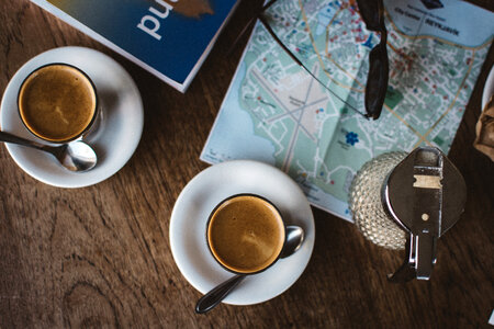 Planning a trip with coffee in a coffeeshop photo