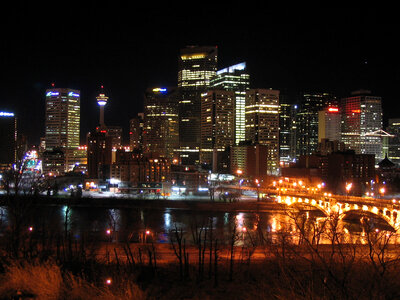 Lighted up Skyline at night in Calgary, Alberta, Canada photo