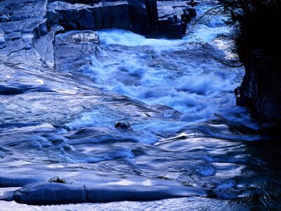 Macro texture whimsical waves on the river at sunset time photo