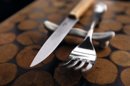 Fork and steak knife close up photo