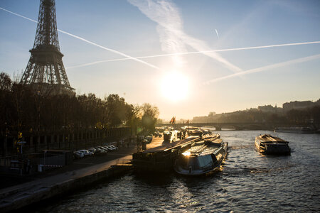 Boats on the Seine, Eiffel Tower in the Background, Paris, France photo