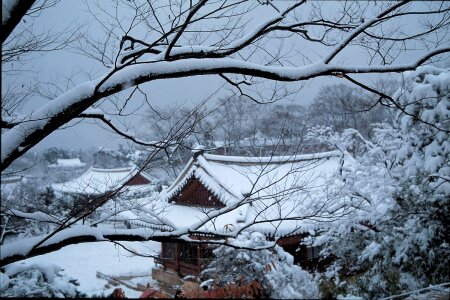 Temple in Korea during snowfall