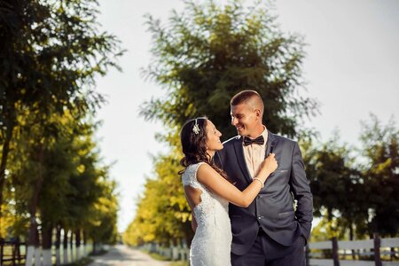 Newlyweds happy walking photo