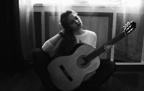 Girl Guitar Black White photo