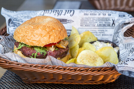 Delicious Burger and Fries in a Basket photo