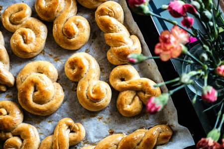 Homemade baked sweet wheat dessert with honey