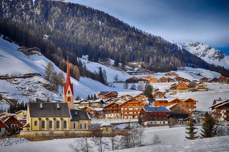 Winter mountain village landscape with snow Gsies Italy photo