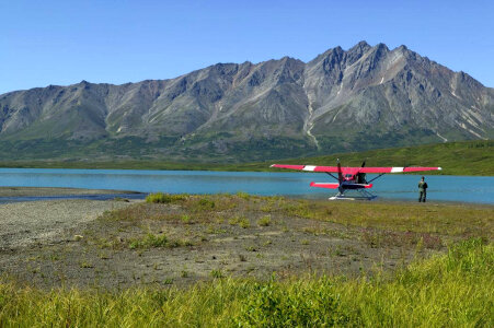 Small plane on lake photo